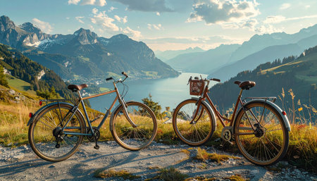A pair of bicycles rest on a scenic overlook, offering a breathtaking view of a tranquil mountain lake.の素材