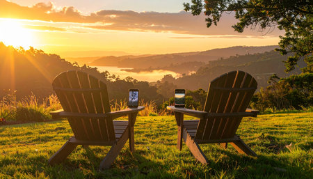 Two empty Adirondack chairs sit on a lush green hill, perfectly positioned to watch the golden sun rise over a misty mountain valley.の素材