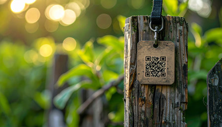 A rustic wooden tag with a QR code hangs on an old post, bathed in the warm glow of golden hour sunlight.の素材