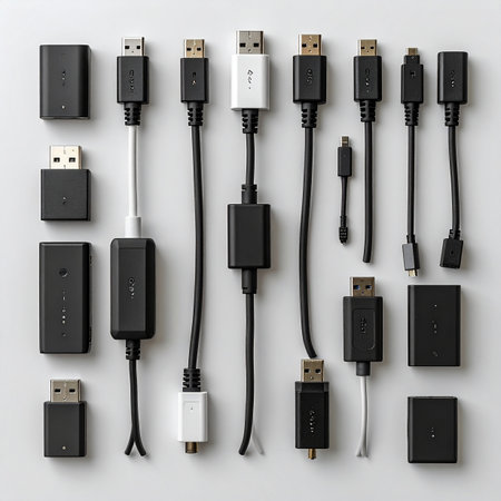 A meticulously organized flat lay of various essential digital cables, dongles, and adapters on a clean background.の素材