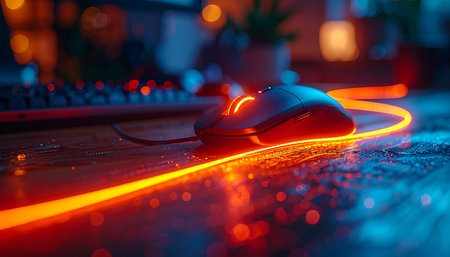 In the heat of a digital battle, a gaming mouse streaks across the desk, leaving a trail of fiery orange light.の素材