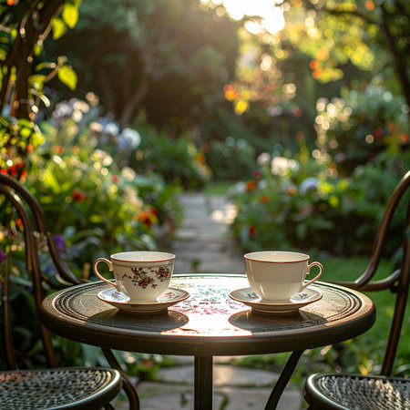 Two teacups sit on a small table in a beautiful, sun-drenched garden, waiting for a shared moment of peace and quiet conversation.の素材