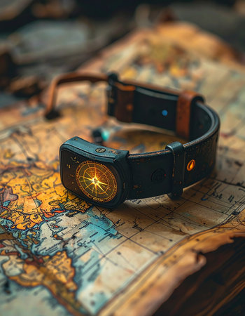 A vintage-style watch with a glowing compass face rests upon an old world map, symbolizing the start of a new adventure.の素材