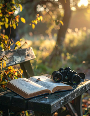 A tranquil scene unfolds in an autumn forest during the golden hour.の素材
