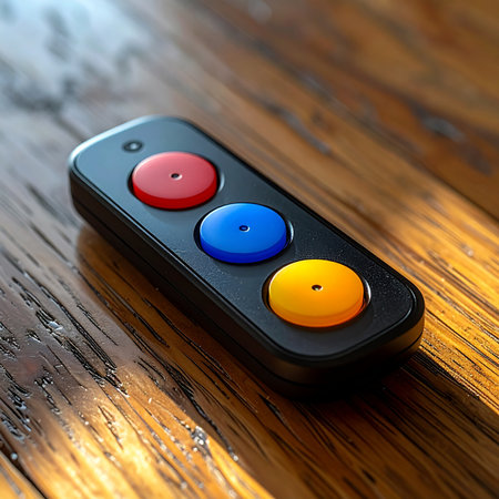 On a sunlit wooden table lies a simple remote, offering three distinct choices represented by primary colors.の素材