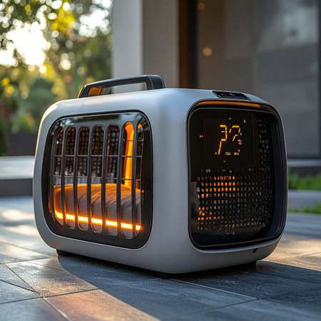 A modern, portable electric heater provides a cozy source of warmth on a cool evening.の素材