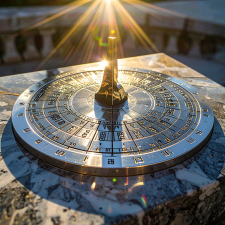 A brilliant sunburst illuminates an ornate, ancient sundial, casting a precise shadow that marks the passage of the day.の素材