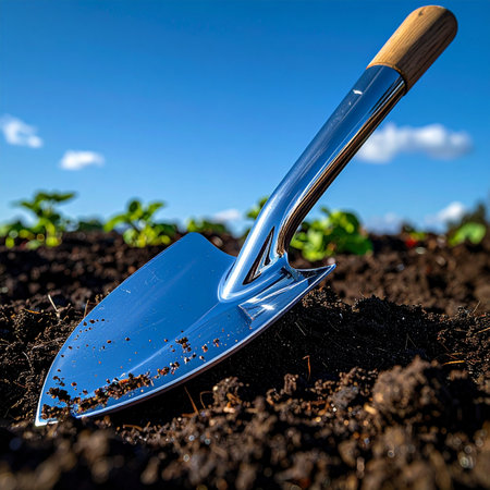 A gleaming metal trowel rests in the dark, fertile soil, ready for the day's work.の素材