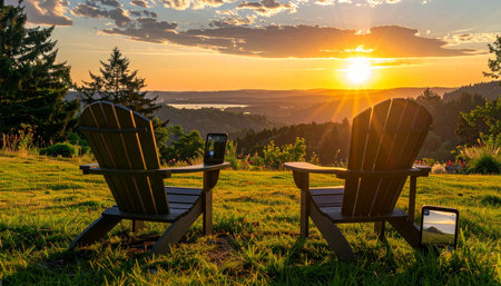 Two empty Adirondack chairs sit on a grassy hilltop, perfectly positioned to watch the golden sun dip below the horizon.の素材