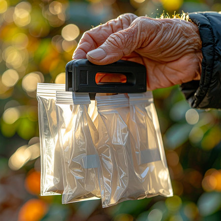 An older person enjoys an autumn day, prepared with their daily health regimen.の素材