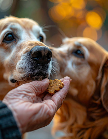 A close-up, tender moment captures the deep bond between an owner and their aging golden retriever.の素材