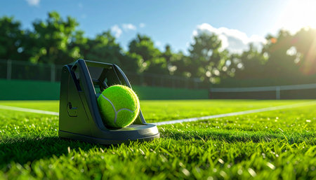A single tennis ball rests in its holder on a pristine grass court, bathed in the warm glow of the morning sun.の素材