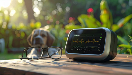 A modern smart home hub sits on a wooden table in a tranquil garden, bathed in warm sunlight.の素材