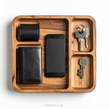 A top-down view of a beautifully crafted wooden valet tray holding the essential items of a modern life: a smartphone, wallet, and keys.の素材