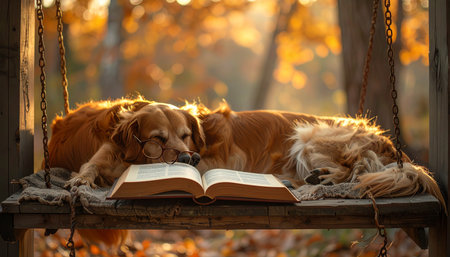 A golden retriever finds the perfect spot for an afternoon nap on a rustic wooden swing.の素材
