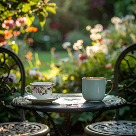 A quiet moment for two in a beautiful, sun-dappled garden. A vintage teacup and a modern mug sit on an ornate table, waiting for a shared conversation to begin.の素材