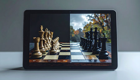 A digital tablet displays a chess game where two worlds collide.の素材