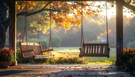 The first golden rays of a crisp autumn sunrise filter through the trees, illuminating two empty porch swings.の素材