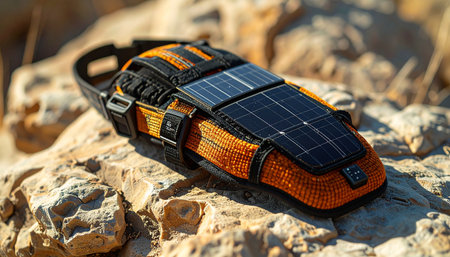 Harnessing the power of the sun, a rugged portable solar charger rests on a sun-drenched rock, gathering energy for the next leg of an off-grid adventure.の素材