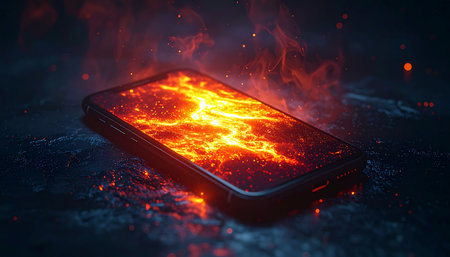 A smartphone succumbs to immense pressure, its screen glowing like molten lava in a digital meltdown.の素材