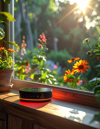 A smart home assistant sits on a rustic wooden windowsill, its red light glowing softly in the warm morning sun.の素材