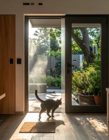 As the morning sun casts long, golden rays through the open glass door, a curious cat steps out of the lush garden and into the warmth of its home.の素材
