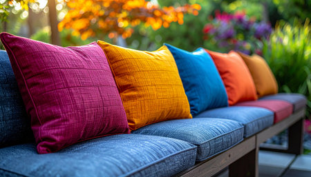 A row of brightly colored throw pillows in magenta, yellow, and blue sit on a comfortable outdoor bench, inviting relaxation in a beautiful, sunlit garden.の素材