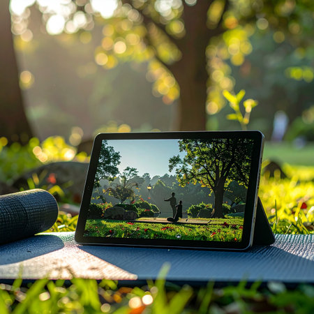 Embrace tranquility with a virtual yoga session in the great outdoors.の素材