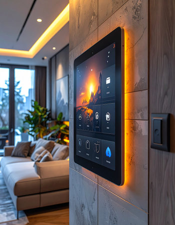 A sleek, wall-mounted smart home control panel glows with a warm backlight, showcasing a user-friendly interface.の素材