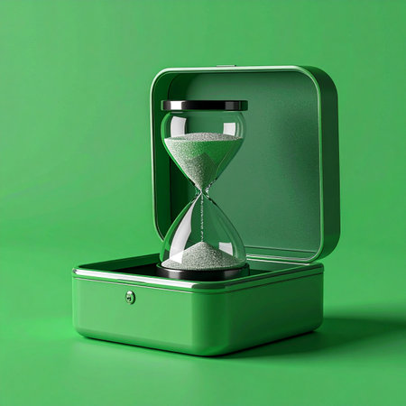 A single hourglass, with its white sand marking the passage of moments, is carefully placed within a protective green case.の素材