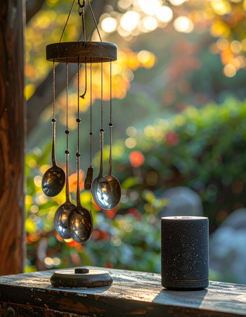 A smart speaker sits on a rustic wooden porch as the sun sets, casting a warm glow. A unique wind chime made of spoons hangs nearby, catching the golden light.の素材