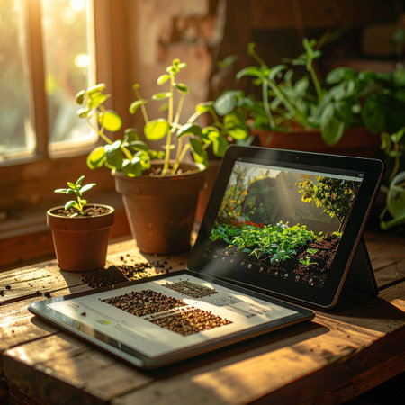 In a cozy, sun-drenched corner, modern tablets are used for the timeless pursuit of gardening.の素材