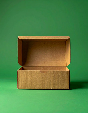 An empty cardboard box sits open, waiting with anticipation against a bold green background.の素材