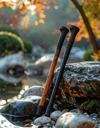 Two well-used baseball bats lean against a mossy rock beside a tranquil stream.の素材