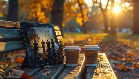 A tranquil autumn afternoon in the park, where a classic game of chess meets modern technology.の素材