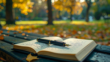 A fountain pen rests on the open pages of a journal, waiting for the next thought to be captured.の素材