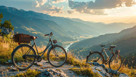 Two bicycles rest on a mountain summit, their journey paused to take in the breathtaking panoramic view of the valley below as the sun sets.の素材
