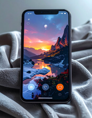 A modern smartphone rests on a soft, cozy blanket, its screen glowing with a breathtaking mountain sunset.の素材