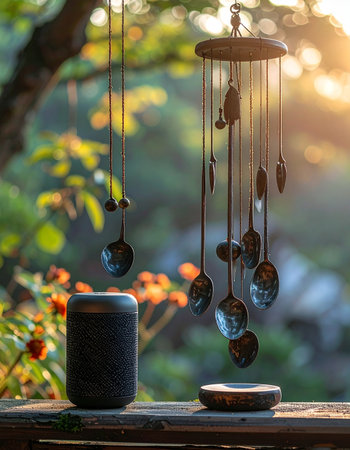 A smart speaker plays ambient music, harmonizing with the gentle tones of a wind chime in a tranquil garden.の素材