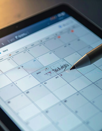 A close-up view captures a stylus marking a key 'Meeting' on a digital calendar app.の素材