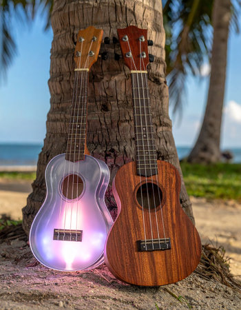 A classic wooden ukulele and its modern, glowing counterpart rest together against a palm tree on a serene tropical beach.の素材