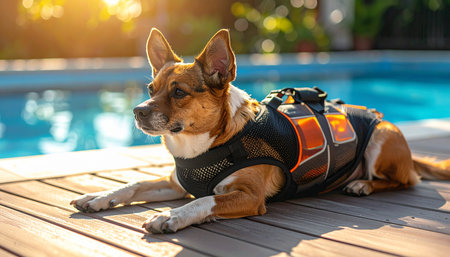 A dedicated service dog takes a well-deserved break, resting peacefully on a sun-drenched wooden deck beside a tranquil swimming pool.の素材