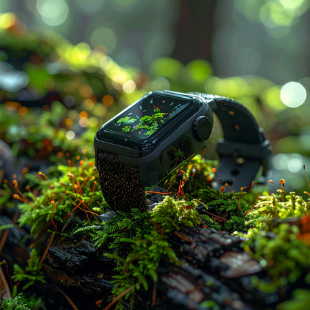 A modern smartwatch rests on a bed of vibrant green moss in a sun-dappled forest, symbolizing the perfect harmony between technology and the natural world.の素材