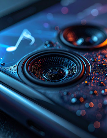 A close-up of powerful smartphone speakers glistening with water droplets under dramatic neon lighting.の素材