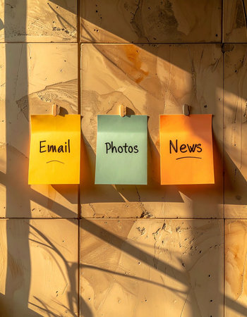 In the warm morning light, colorful sticky notes serve as a simple, tactile reminder of the day's digital tasks: managing email, organizing photos, and catching up on the news.の素材
