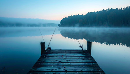 As dawn breaks, a gentle mist blankets the still surface of the lake, creating a moment of perfect tranquility.の素材