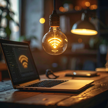In a warm, creative workspace, a brilliant idea comes to life, symbolized by a glowing lightbulb with a Wi-Fi icon at its core.の素材