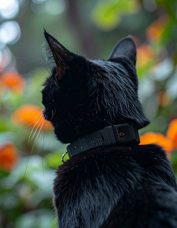 A sleek black cat sits poised and still, its gaze fixed on something unseen within a vibrant, blooming garden.の素材