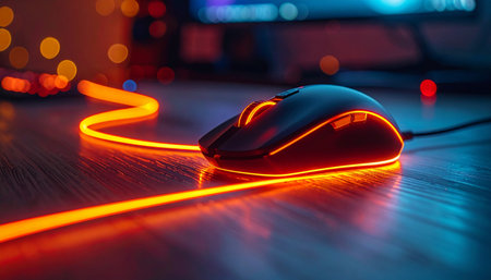 In the atmospheric glow of a gaming setup, a high-performance mouse waits for the action.の素材