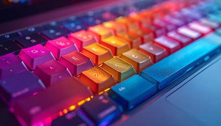 A close-up view captures the intense, vibrant glow of an RGB gaming keyboard.の素材